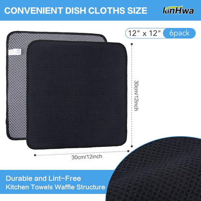 KinHwa Kitchen Washcloths for Dishes Absorbent Microfiber Dish Cloths Quick Dry Dish Rags with Poly Scour Scrub Side Ideal for Kitchen Cleaning (Black-B, 12inchx12inch 6 Pack)