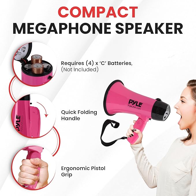 PYLE-PRO Portable Megaphone Speaker Siren Bullhorn - Compact and Battery Operated with 20 Watt Power, Microphone, 2 Modes, PA Sound and Foldable Handle for Cheerleading and Police Use PMP24PK (Pink)
