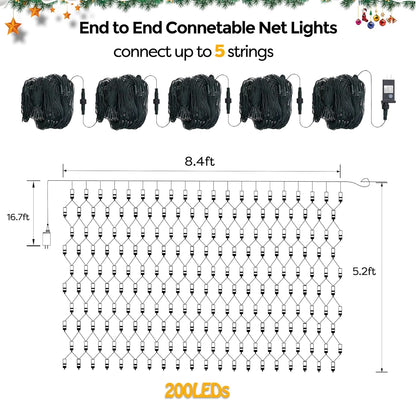 WBao Outdoor Christmas Lights 200LED F8 Big Bulbs, 8.4ft x 5.2ft Christmas Net Lights with 8 Modes, Timer, End to End Connectable, Waterproof for Lawn, Bushes Outdoor Christmas Decorations, Warm White