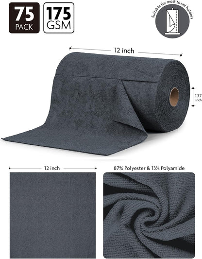 Fantasticlean Microfiber Cleaning Cloth Roll -75 Pack, Tear Away Microfiber Towels, 12" x 12", Reusable, Washable, Scratch Free, Ultra Absorbent Dish Rags for Car, Home, Garage or Shop (DimGray)