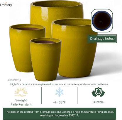 Emissary Bullet 14 in. Mustard Yellow Ceramic Round Planter (14 in. L x 14 in. W x 15.5 in. H) with Drainage Hole