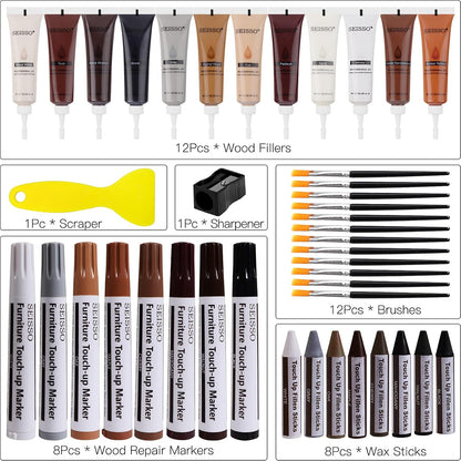 SEISSO Wood Furniture Repair Kit, 42 Pcs Wood Filler and Touch Up Markers with Wax Sticks, Vinyl Floor Repair Kit for Scratches, Cracks, Holes, Discoloration for Door, Stain, Floor, Table, Cabinet