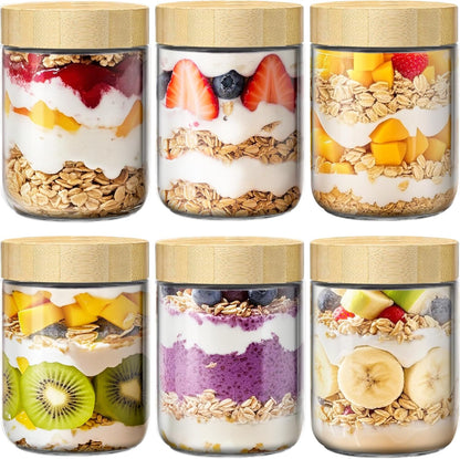 6 Pack 16oz Overnight Oats Containers with Bamboo Lids, Glass Jars with Airtight Lids for Meal Prep, Wide Mouth Mason Salad Jars, Glass Food Storage Container for Yogurt Chia Snacks Spice Sugar