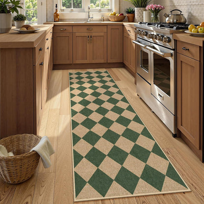 Lahome Checkered Kitchen Runner, 2x8 Easy Jute Runner Rug for Hallway Entryway, Farmhouse Indoor Outdoor Non Slip Non Shedding Green Carpet for Laundry Bedroom Porch Corridor