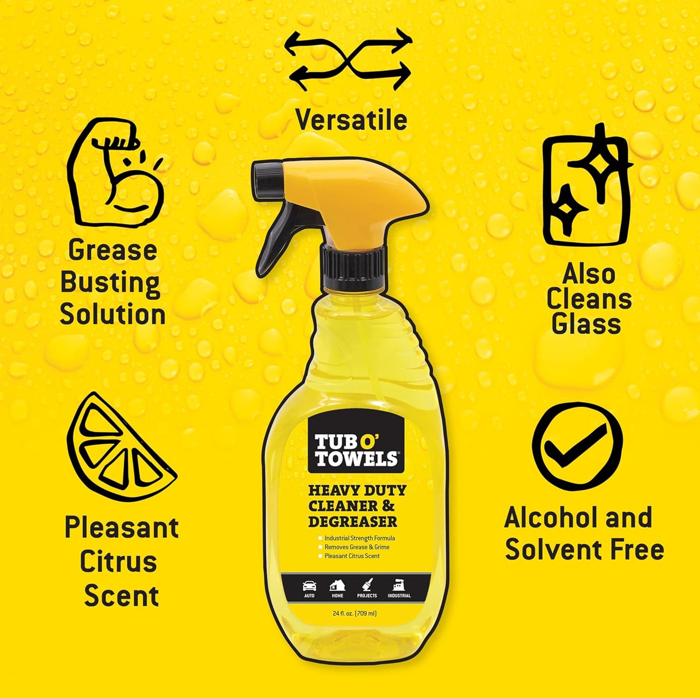 Tub O' Towels Heavy Duty Cleaner and Degreaser Spray Helps in Removing Oil Tar Paint Dirt Caulk Grease Grime Gunk Epoxies, Industrial Strength, Home & Auto, Made In USA, Citrus Scent, 24oz, 3-Pack