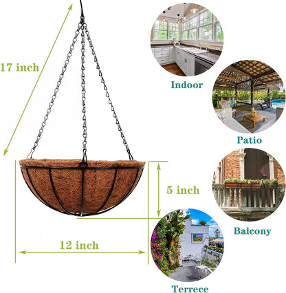Hanging Baskets for Plants Outdoor(12 inch 4 Pack)- Coconut Coir Hanging Planters Outdoor,Metal Wire Baskets with Coco Liner, Hanging Pots for Plants Indoor, Flower Pots for Railings