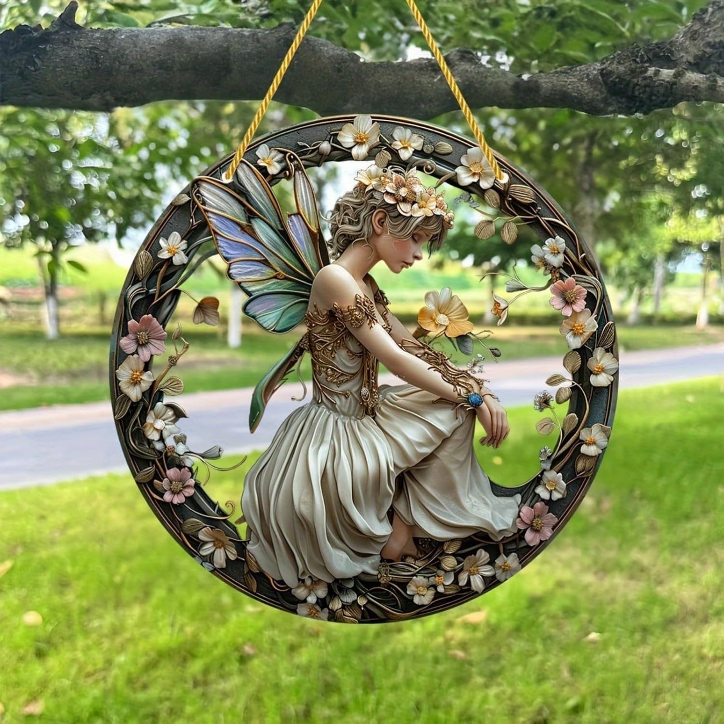 Flower Fairy Garden Decorations Angel Wing Christmas Halloween Deco Statue Art Elf Sculpture Hanging Craft for Outdoor Yard Courtyard Lawn Patio Window Acrylic Ornament Home Gift (B,S: 6*6 IN)