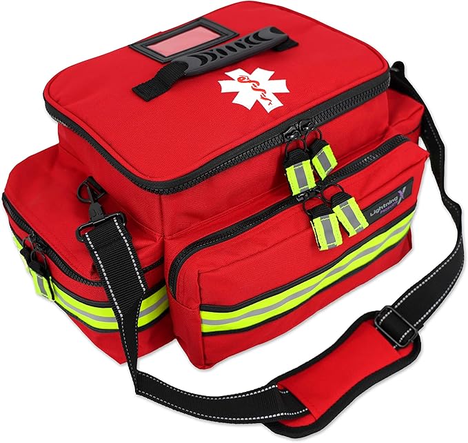 Lightning X Mid-Sized First Responder EMT Bag | LXMB25 | Fully Stocked w/ 240+ First Aid, EMS & Trauma Supplies - RED