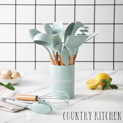 Country Kitchen Non Stick Silicone Utensil Set with Rounded Wood Handles for Cooking and Baking, 14 Piece Set, Mint