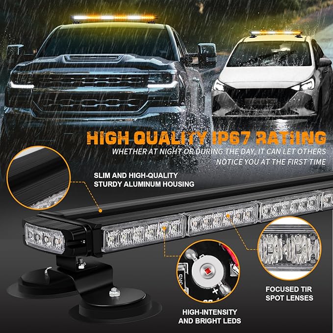 XRIDONSEN 28.4" 80 LED Roof Top Strobe Light Bar Amber White Emergency Warning Hazard Safety Double Side Traffic Advisor Lights w/Controller Magnetic Base for Plow Trucks Construction Vehicles Wrecker