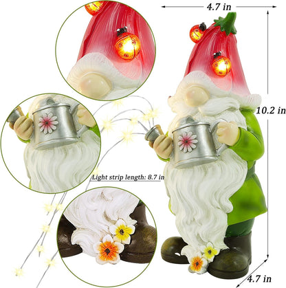 Joliyoou Solar Garden Statue Outdoor Decor, 10.2" H Resin Gnome with Watering Can & Solar Fairy Lights, Waterproof Standing Gnome Figurine for Lawn Yard Pathway Patio Front Door Decoration