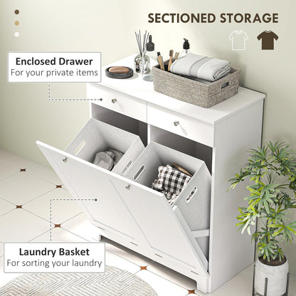 HOMCOM Laundry Hamper Cabinet with 2 Removable Baskets, Tilt Out Laundry Hamper Cabinet with 2 Drawers and 2 Beadboard Doors, Laundry Cabinet Bathroom Storage Cabinet, White