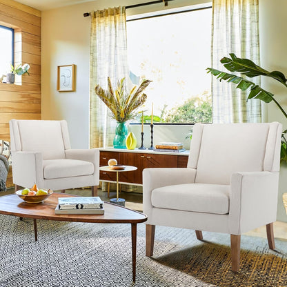 COLAMY Modern Wingback Living Room Chair, Upholstered Fabric Accent Armchair, Single Sofa Chair with Lounge Seat and Wood Legs for Office/Bedroom/Reading Spaces, Beige