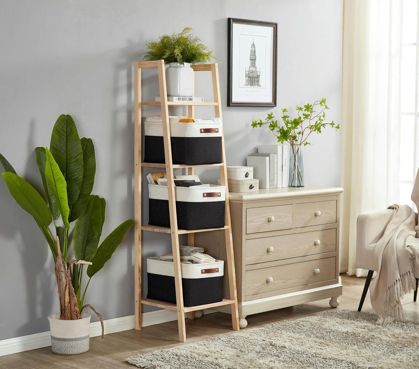 DECOMOMO Storage Bins Fabric Storage Baskets for Shelves, Linen Closet Organization Toys Nursery (Black and White, Large - 4 Pack)