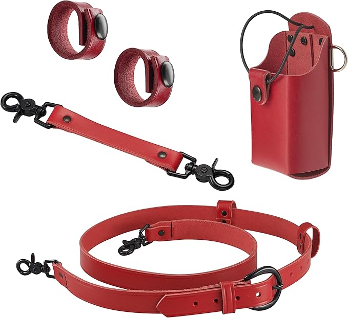 Shield Red Leather Firefighter Bundle - Anti-Sway Radio Strap/Belt Holder with Black Rivets