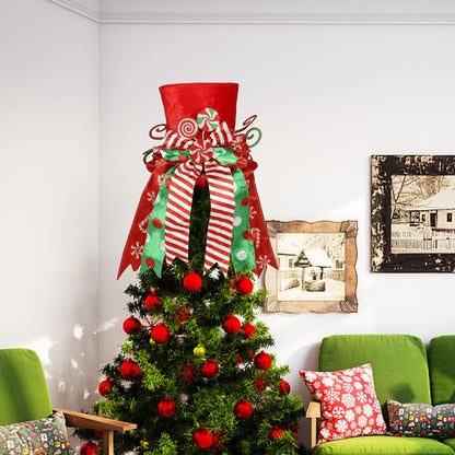 yofit Christmas Tree Topper Hat, Large Red Hat with Striped Bow Ribbon & Lollipop, Christmas Tree Decorations Top Hat, Desktop Ornaments for Home Xmas Holiday Winter Decor