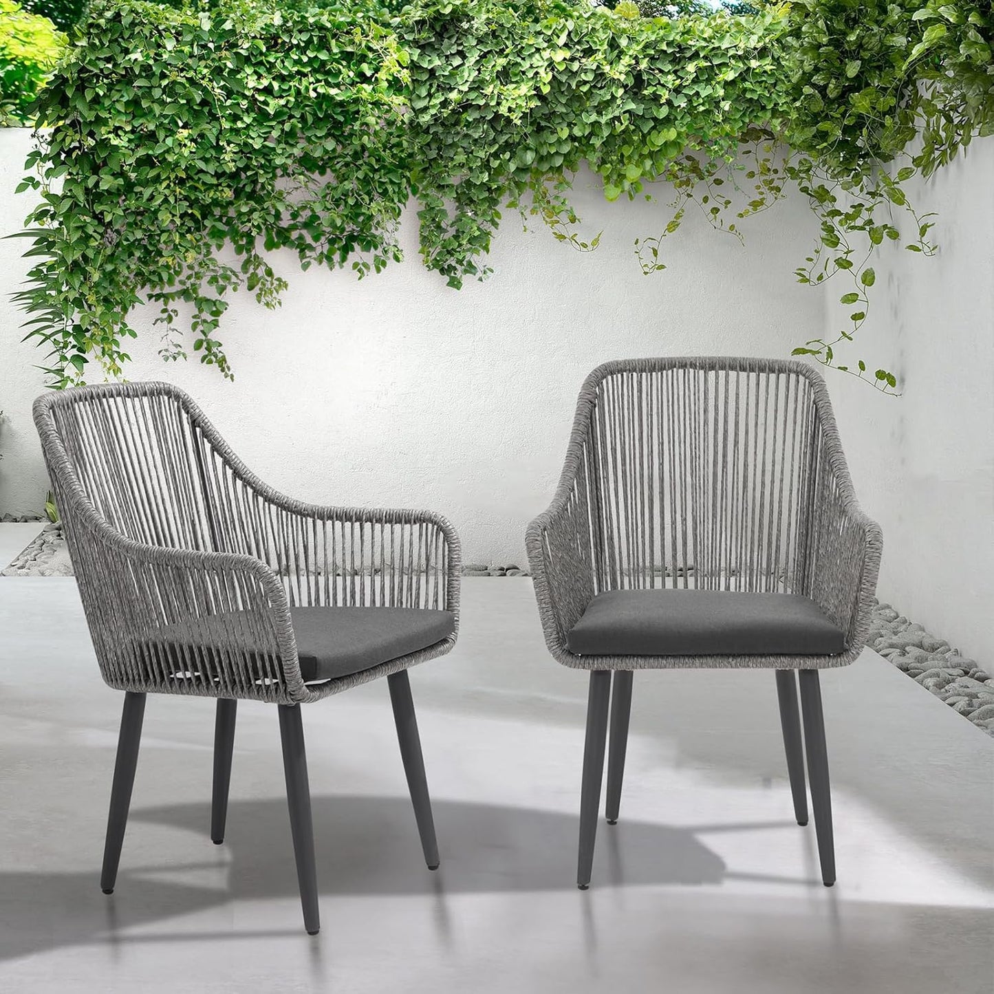 Patiorama Outdoor Dining Chairs, Patio Dining Chair Set of 4, All-Weather Woven Rope Rattan Chairs, Outdoor Dining Wicker Chairs with Armrests for Indoor Balcony Pool Backyard(Gray)