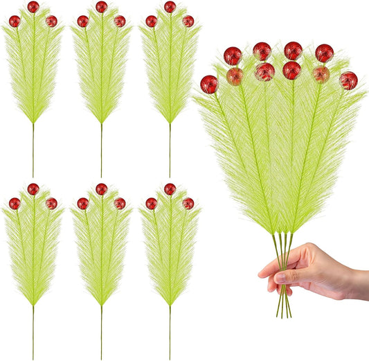 10 Pcs Christmas Tree Topper - 17" Christmas Tree Picks and Sprays Lime Green Curly Stems with Red Ball Artificial Xmas Decorations for Vase Fillers Wreath Home Party Holiday Docor