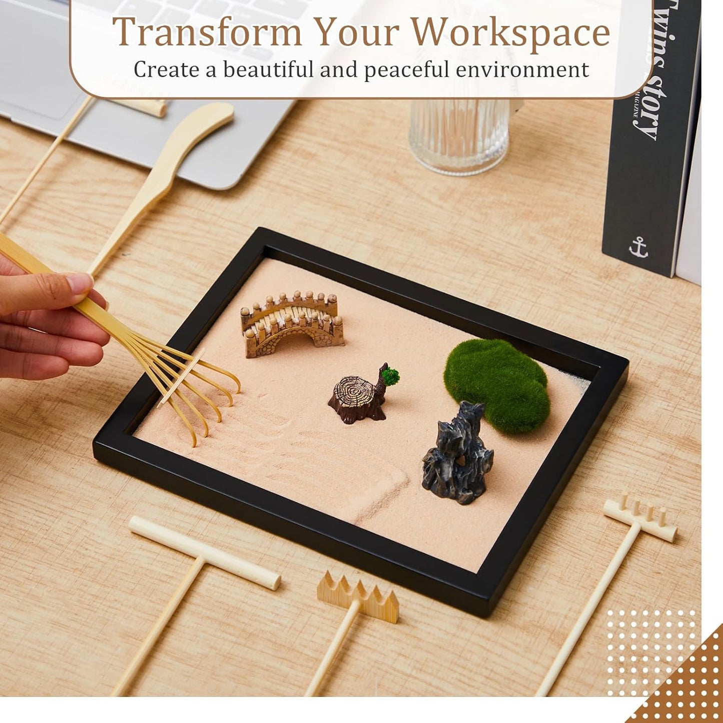 Soulchen 8 Pcs Mini Zen Garden Kit for Desk Decor DIY Your Own Zen Garden 8.5" x 6.7" Japanese Sand Tray 6 Rake Tools Meditation Gifts Set for Home Office Desktop Accessories Therapy Stress Relief