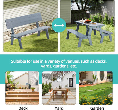 AVAWING Outdoor Convertible Wood Bench with Backrest, Patio Wood Convert a Bench, Space-Saving 2-in-1 Picnic Table Chairs Set for Backyard, Porch, Patio, Garden, Grey