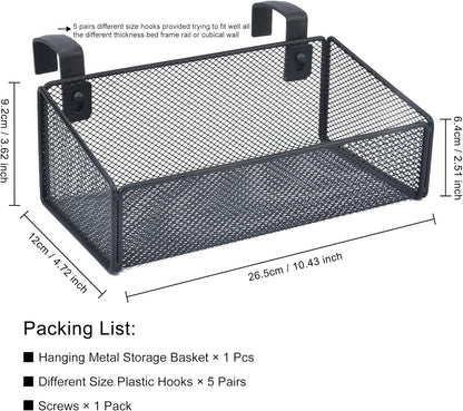 Bedside Caddy Hanging Storage Basket Beside Shelf Metal Organizer for Collage Dorm Bunk Bed,Hospital Bed,Baby Bed - Bedroom Essentials for Magazine,Remote Control,Phone,Drinks (Black)