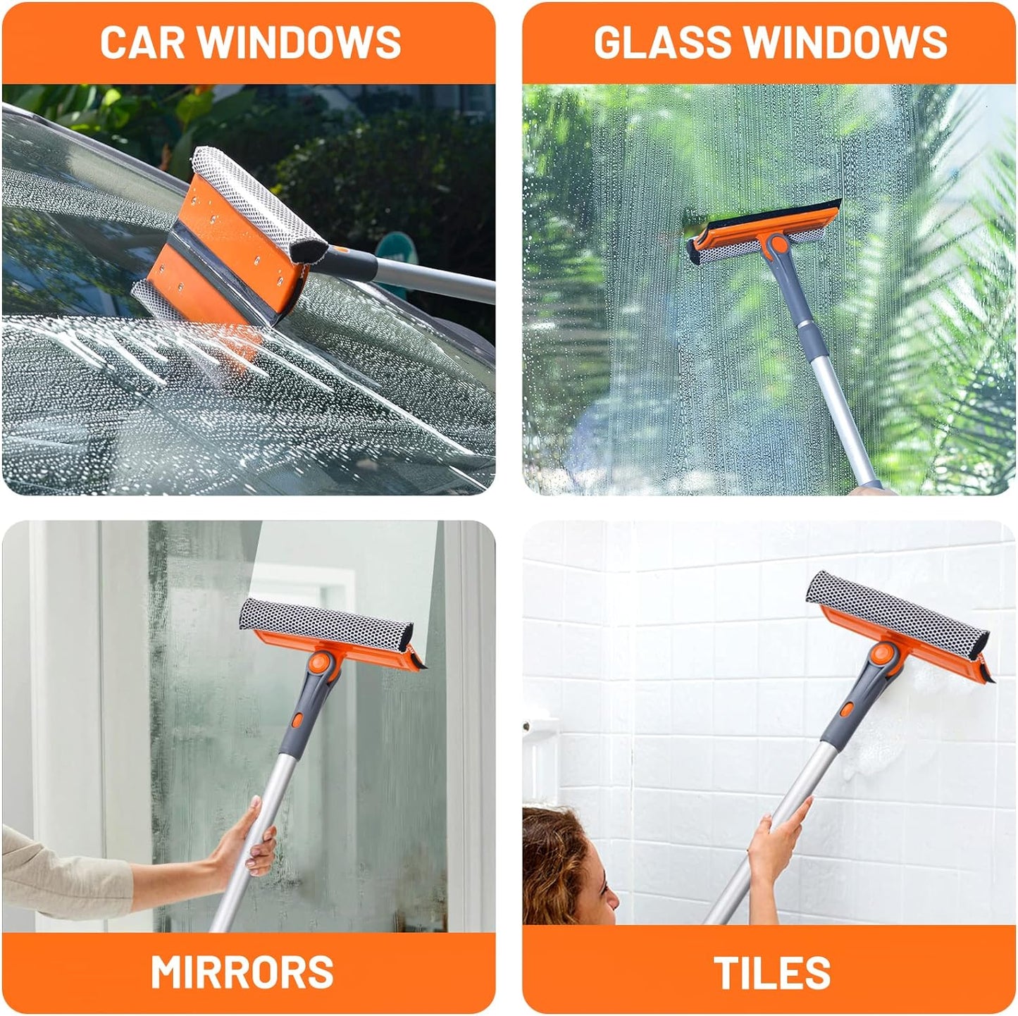 eazer Professional Window Squeegee, 2-in-1 Rotatable Squeegee for Window Cleaning Kit, Window Cleaner Tool, Window Washing Equipment Kit with Extension Pole (20''-30'') for Shower/Windshield - 2 Head