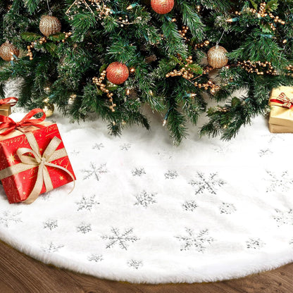 Christmas Tree Skirt 36 Inch, Holiday Part Decorations for Christmas Tree, Whit Plush Sliver Sequin Snowflake Tree Shirt for Xmas