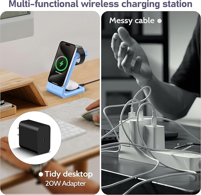 3 in 1 Wireless Charging Station: 5000mAh Removable Power Bank Charger Stand for Phone/Watch/Air Pods - Portable Magnetic Battery Pack for Air 17 16 15 14 13 12 Series Blue