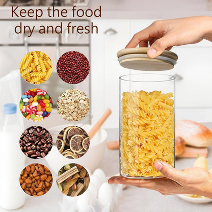 Round Glass Jars Canister with Wood Lid 40 FL OZ [Set of 3], Container Jar with Sealing, Lids for Oat Pasta Flour Cereal Rice Sugar Tea Coffee Beans, Best for Kitchen & Pantry