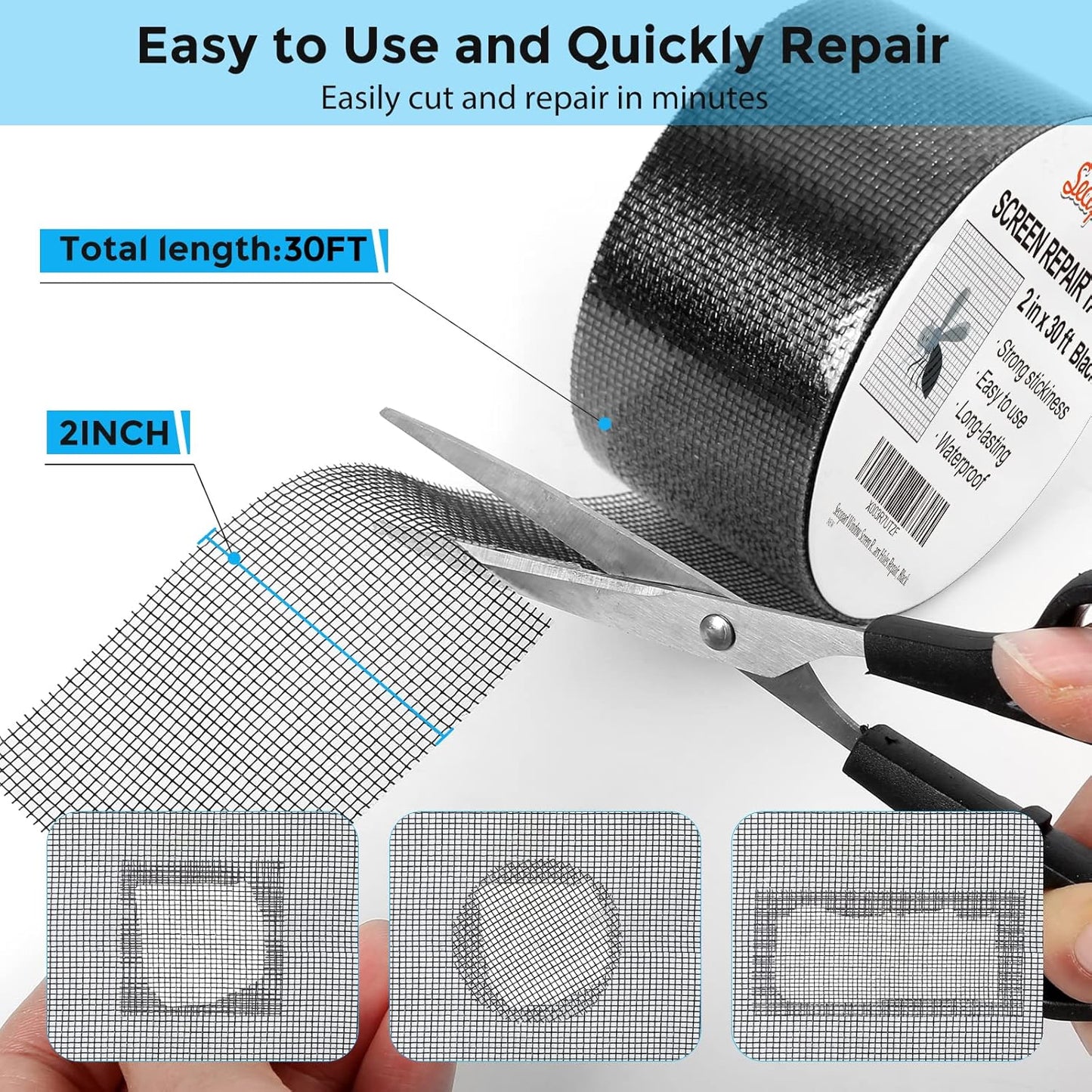 Black Window Screen Repair Tape, 2 in X 30 FT (360IN) Screen Repair Kit for Windows or Doors, Strong Adhesive Fiberglass Mesh Patch Tape