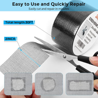 Black Window Screen Repair Tape, 2 in X 30 FT (360IN) Screen Repair Kit for Windows or Doors, Strong Adhesive Fiberglass Mesh Patch Tape