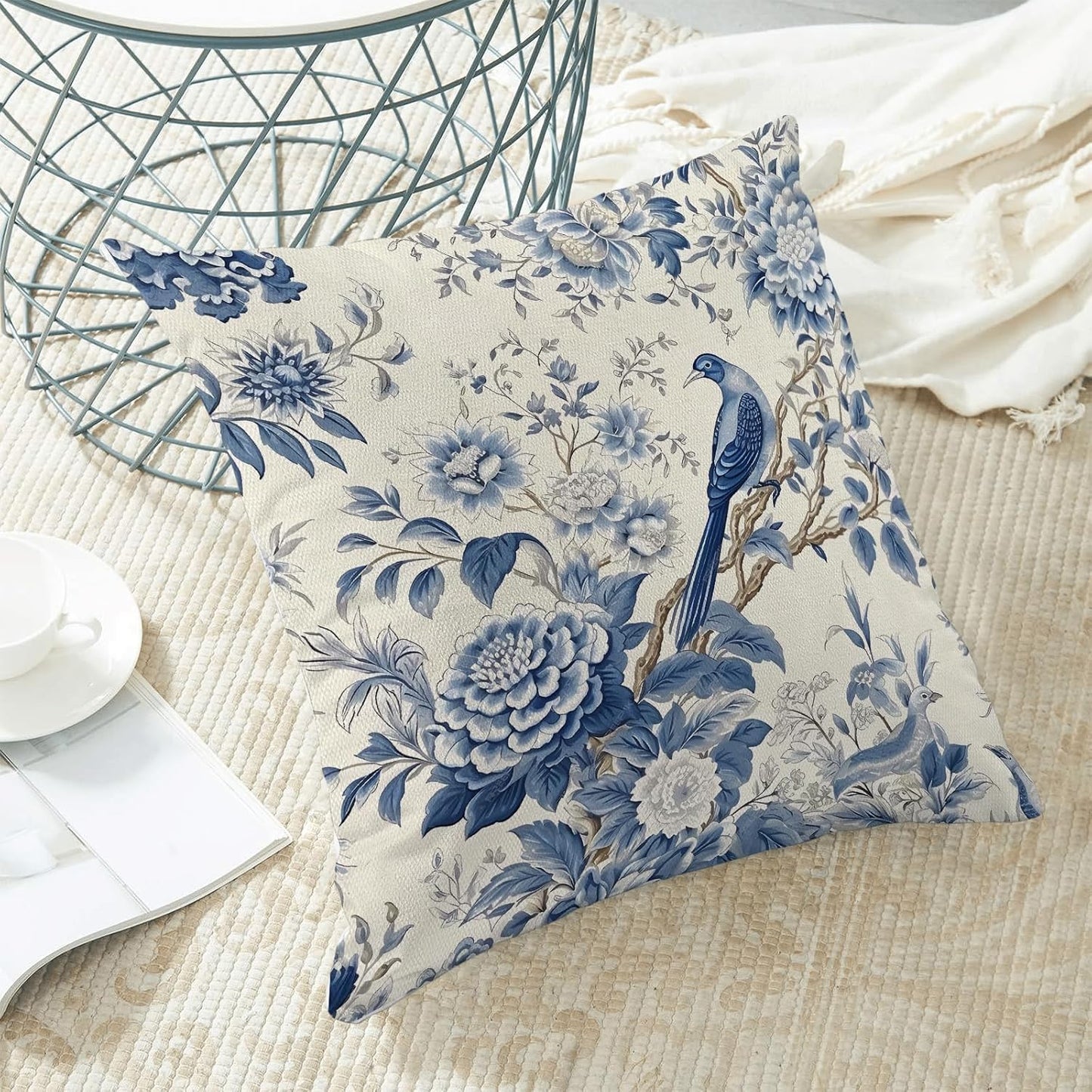 CXMEIFLY Spring Floral Pillow Covers 16 x 16 Inch Set of 2 for Chinoiserie Flowers Bird Decor Throw Pillows Vintage Blue and White Plant Outdoor Decorative Cushion Cases for Couch Bed Decorations