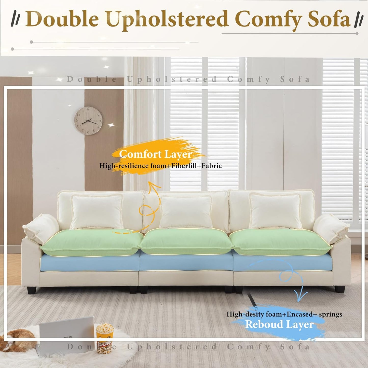 URRED Modular Sectional Sofa Comfy Cloud Couch, Modern Chenille Sofa Sleeper Deep Seat Couches with Ottoman/Pillows for Living Room (White, 117'')