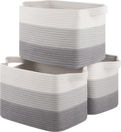 Storage Basket for Organizing, Woven Baskets for Storage, Rectangle Decorative Baskets for Shleves, Closet, Toys, Books, Nursery Organizer Bins - Pack of 3 (Gradient Gray)