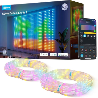 Govee Curtain Lights 2, Smart LED Curtain Light with DIY GIF AIGC, 1040 LEDs, RGBIC Color Changing Christmas Lights for Holiday Bedroom Window Dynamic Decor, Outdoor IP65 Waterproof, 9.8×6.6ft