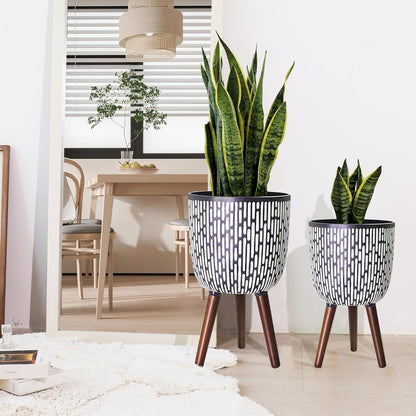 2 Set Plant Pot with Stand 10 & 12 inches, Mid-Century Large Planter with Legs for Indoor Plants, Boho Print Standing Plant Pot with Drainage Plug for Monstera, Herb, Succulent Flower Pot