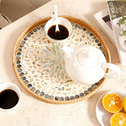 Round Rattan Tray with Mother of Pearl Inlay & Wooden Base - Decorative Wicker Serving Tray for Coffee/Bread/Fruits, Food Storage & Display - Multipurpose Home Decor (L,Blue Shells)