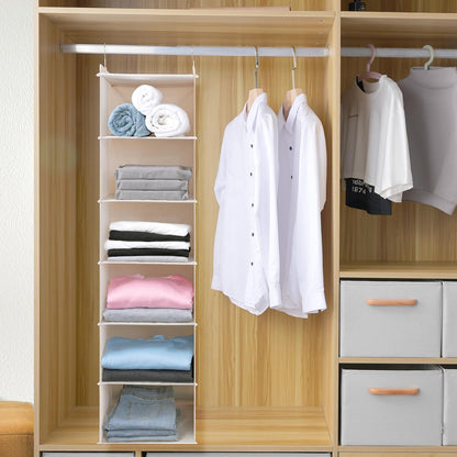 Large Hanging Sweater Organizer for Closet,Collapsible 6-Shelf Hanging Closet Shelves with Drawers, Washable (Beige -6 Shelf)