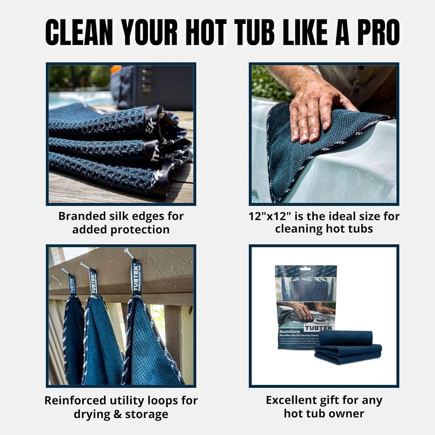 TUBTEK Microfiber Hot Tub Surface Cleaner Towels (3 Pack) – Hot Tub Cover Cleaner & Shell Scrubber – Spa Scum Remover & Cleaning Tools, 100% Scratch-Free