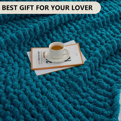 L'AGRATY Chunky Knit Blanket Throw: 50''x60'' Chenille Chunky Knitted Throw Blanket for Bed Couch - Handmade Thick Big Cable Knit Blanket - Large Crochet Rope Blanket for Home Decor(Teal)