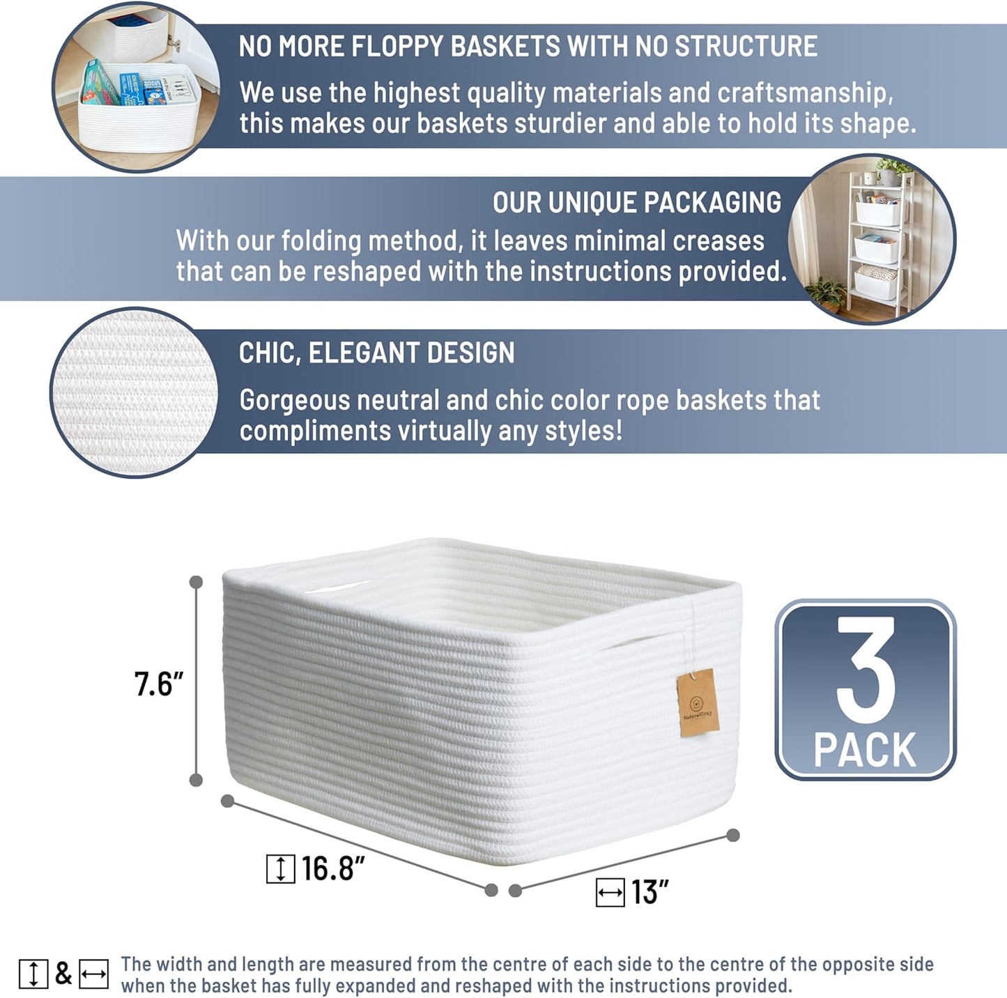 NaturalCozy Storage Baskets 16.8”x13”x7.6” Cotton Rope Woven Baskets for Organizing 3-Pack | Toy Storage Bins | Basket for Shelves, Laundry, Blanket, Clothes, Closet, Kitchen, Bathroom, Gifts