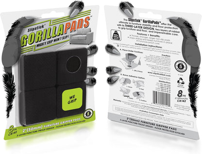 Slipstick GorillaPads CB142 Non-Slip Furniture Pads/Grippers (Set of 8) Furniture Leg Floor Protectors, 2 Inch Square, Black