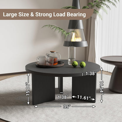 Wooden Round Coffee Table, 35" Coffee Table with Smooth Thick Mesa, Low Circle Center Table with X Shaped Stable Legs, Accent Tea Table for Living Room, Office, Black