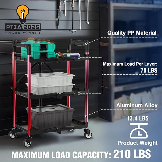 WORKPRO 3-Tier Collapsible Service Cart, 210 LBS Foldable Utility Service Cart with Wheels, Portable Tool Cart for Garage, Warehouse, Home, Restaurant, Office (No Assembly Required)