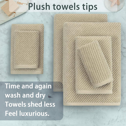 VOOVA & MOVAS Tan Bath Towels - 100% Cotton | Lightweight | Soft | Thick, 2 Bath 30"x56", 2 Hand 18"x28", 2 Washcloths 13"x13", Quick Dry Towels for Showering, Luxury Towel Gift Set, Dark Beige
