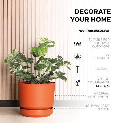 Elly Décor 14 inch Plastic Cylinder Planter Pot with Self-Watering Saucer and Drainage Hole,Lightweight & Extremely Durable, 14"x 14", Terracotta