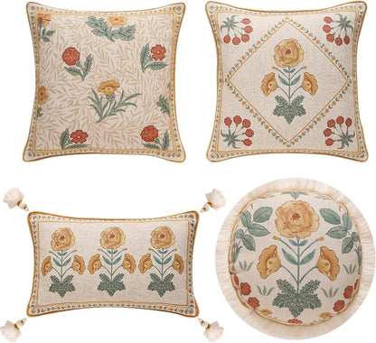 patdrea Designer Pack of 4 Throw Pillow Covers,Beige Vintage French Soft Linen Pillows Cover with Daisy Floral Pattern,Vintage Square Farmhouse Decorative Pillowcase for Couch,Bed,Living Room