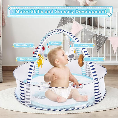 Baby Play Mat, 4-in-1 Baby Play Gym Tummy Time Mat with Ball Pit and 5 Detachable Toys for Newborn to Develop Sensory Exploration and Motor Skill 0-6-12 Months
