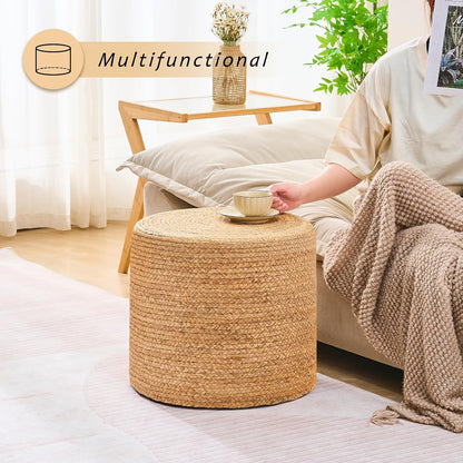 Handwoven Ottoman Pouf, Natural Water Hyacinth Footstool, Round Braided Outdoor Seat with Sturdy Frame, Boho Accent Stool for Patio, Balcony, or Garden (Natural)