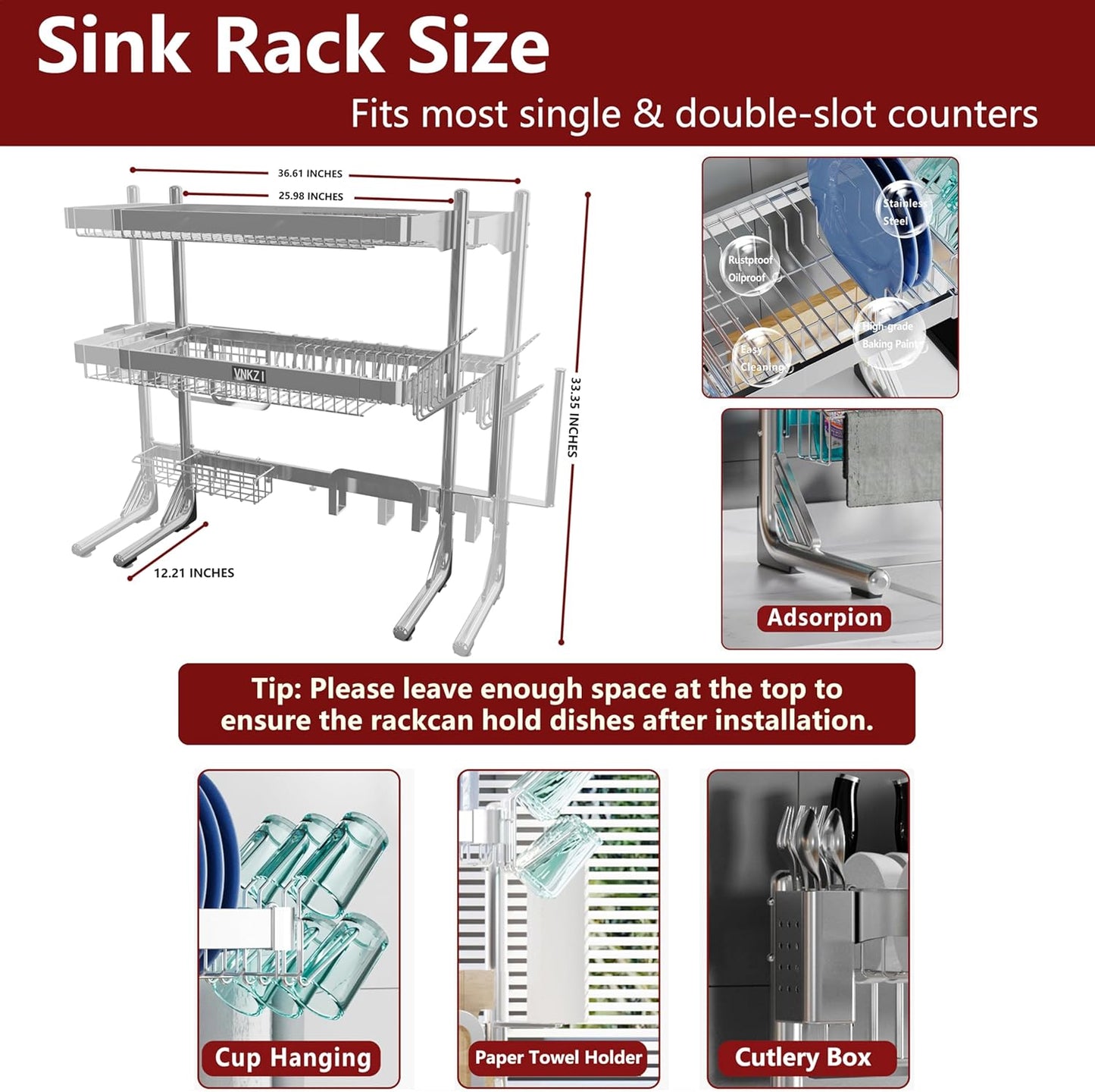 VNKZI Over Sink Dish Drying Rack, 3 Tier Full Stainless Steel Storage Adjustable Length (25.98'' to 36.61'') Kitchen Rack, Multifunctional Expandable Counter Organizer, Space Saver Dish Rack